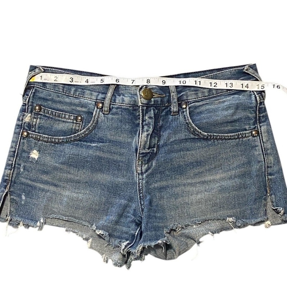 Free People Distressed Denim Cutoff Shorts Blue Studded Low Rise Womens Size 25 - Picture 3 of 5